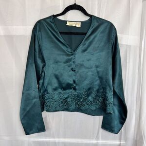 vintage gold label victorias secret forest green satin long sleeve blouse sz Sm